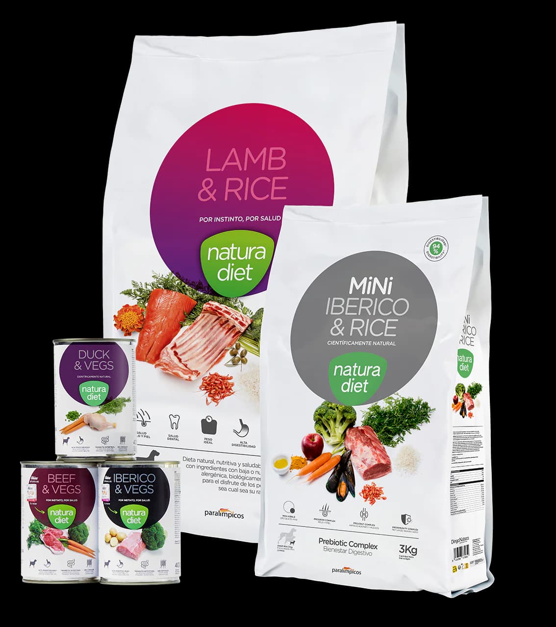 Gama de pienso Natura Diet para perros y gatos — sacos Lamb & Rice, Mini Ibérico & Rice y latas húmedas